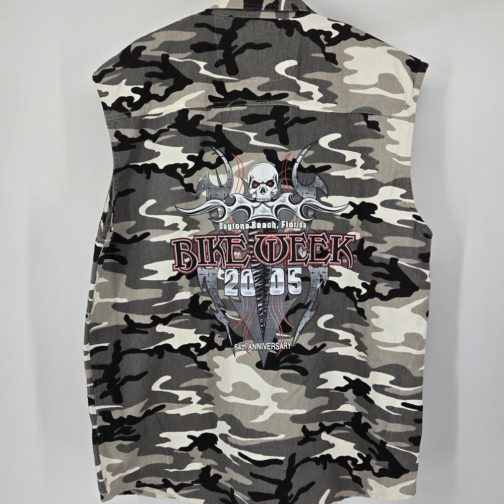 Vintage 2005 Daytona Bike Week Camo Biker Vest Shirt XL Grey Urban Camouflage